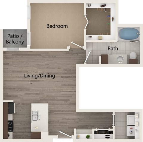 A floor plan of a house with a bedroom, bathroom, living/dining area, and patio/balcony.